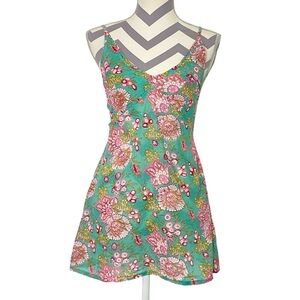 MoMe Mini Dress Womens Size XS Sleeveless Green Floral Cotton V Neck MôMe